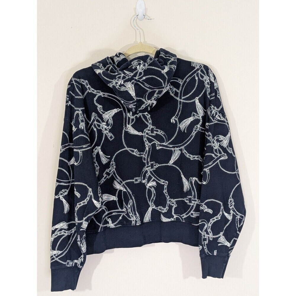 Lauren Ralph Lauren Cropped Hoodie Navy Chain Print Casual Pullover Sz L - Picture 9 of 9